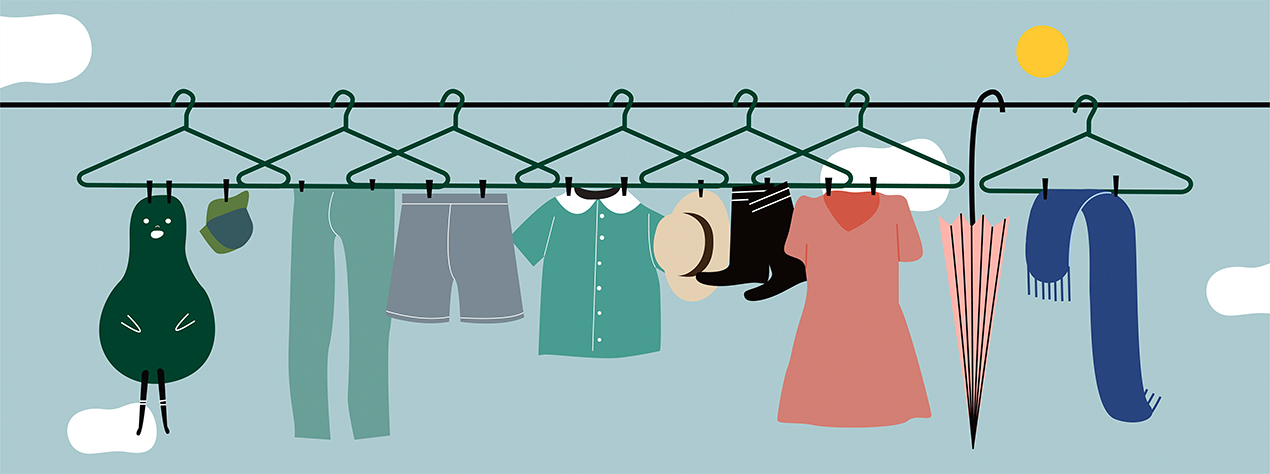 eine Vector illustration mit dem Titel "nichts von der Stange" die acht verschiedene Kleidungsstücke auf einer Wäschleine zeigt: eine Hose ein KLeid , Blusen, schals und ein Paar Stiefel - es steht für die Haltung in der Praxis jedem Kunden ein Individuelle Erstgespräch anzubieten