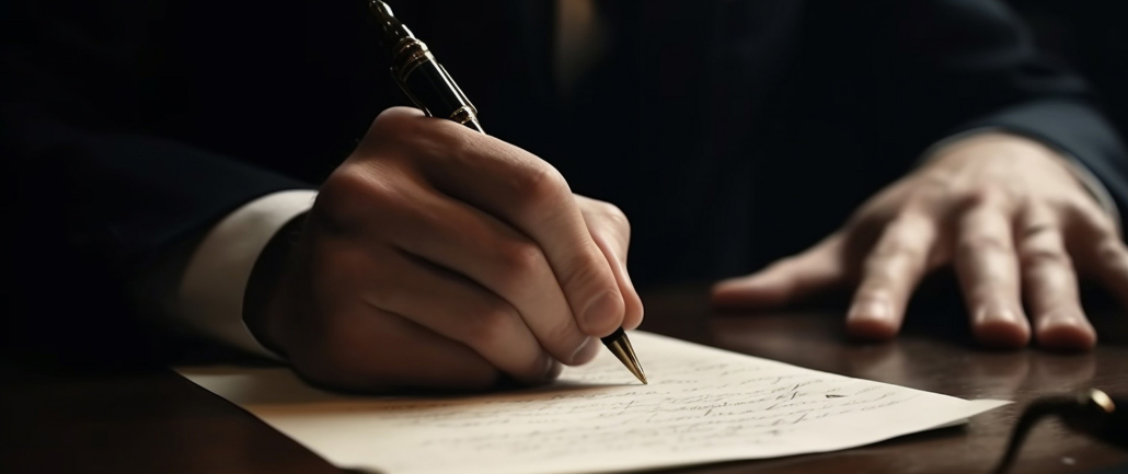 Zwei männliche Hände die auf einem Blatt Papier handschriftlich niederschreiben