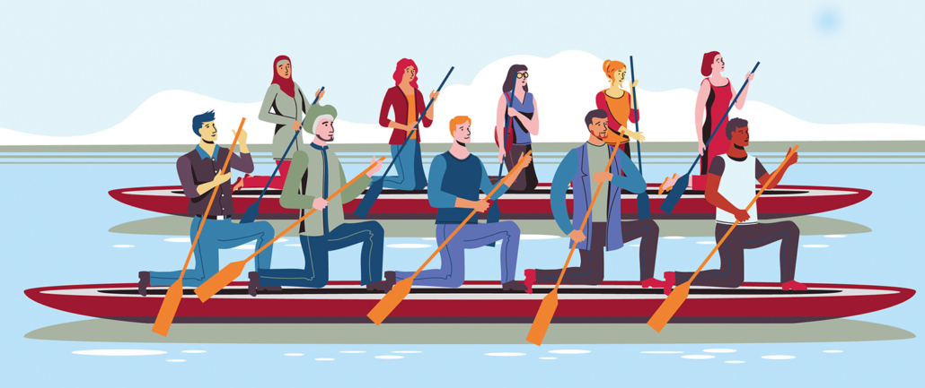 Auf diesem Bild sieht man zwei Paddelboote in dem jeweils fünf Menschen sitzen. Das Bild ist eine Comiczeichnung. Bootsfahrten ist eine Maßnahmen von vielen Teamevents.