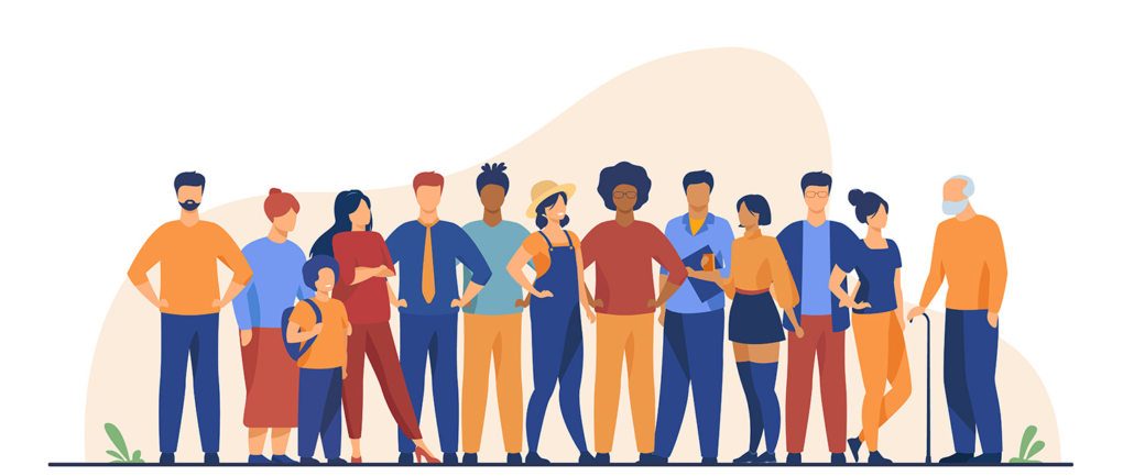 Auf einer vector illustration sieht man zwölf Menschen unterschiedlichster Herkunft, Geschlecht und Alter - symbolhaft für Diversity Management